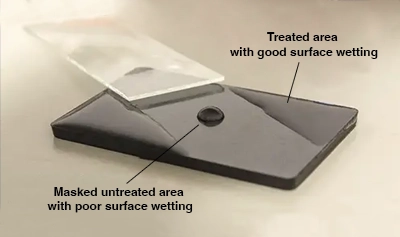 Comparison of plasma activated surface with none treated poor wetting surface.